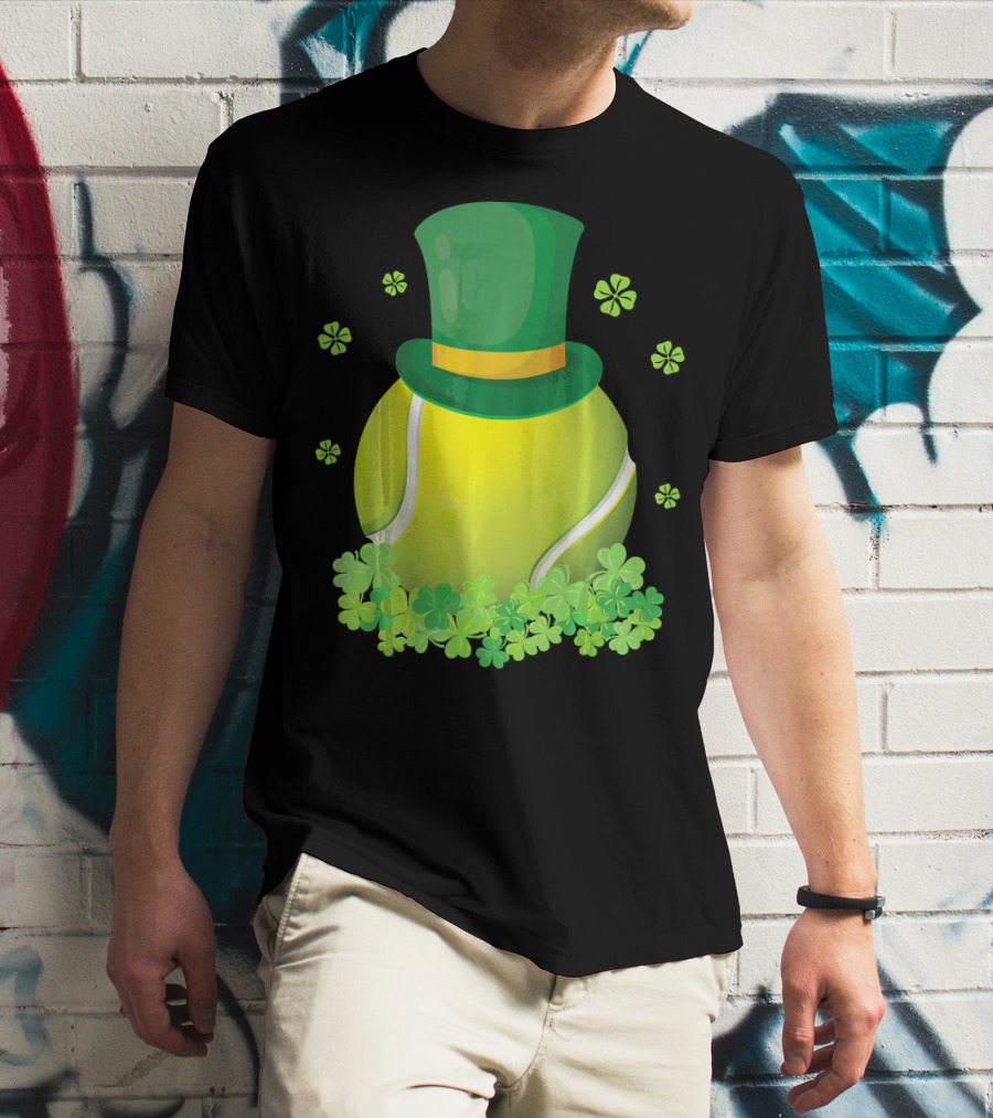 Leprechaun Hat Tennis Ball Surrounded By Shamrocks T-Shirt