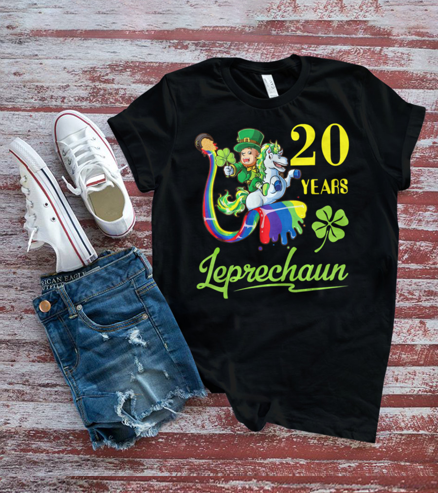 20 Years Leprechaun Riding Unicorn Rainbow Shamrock T-Shirt