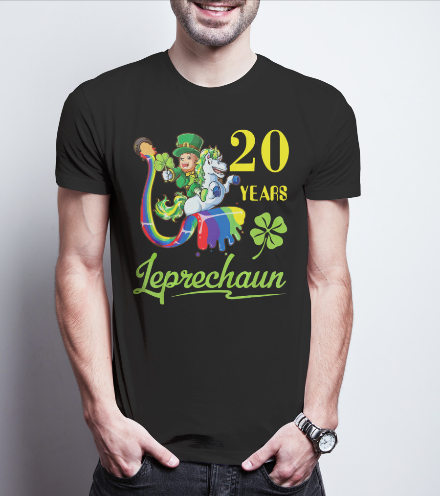20 Years Leprechaun Riding Unicorn Rainbow Shamrock T-Shirt