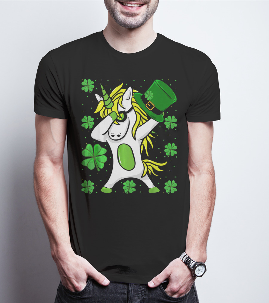 Funny Irish St Patricks Day Unicorn With Leprechaun Hat And Shamrocks T-Shirt