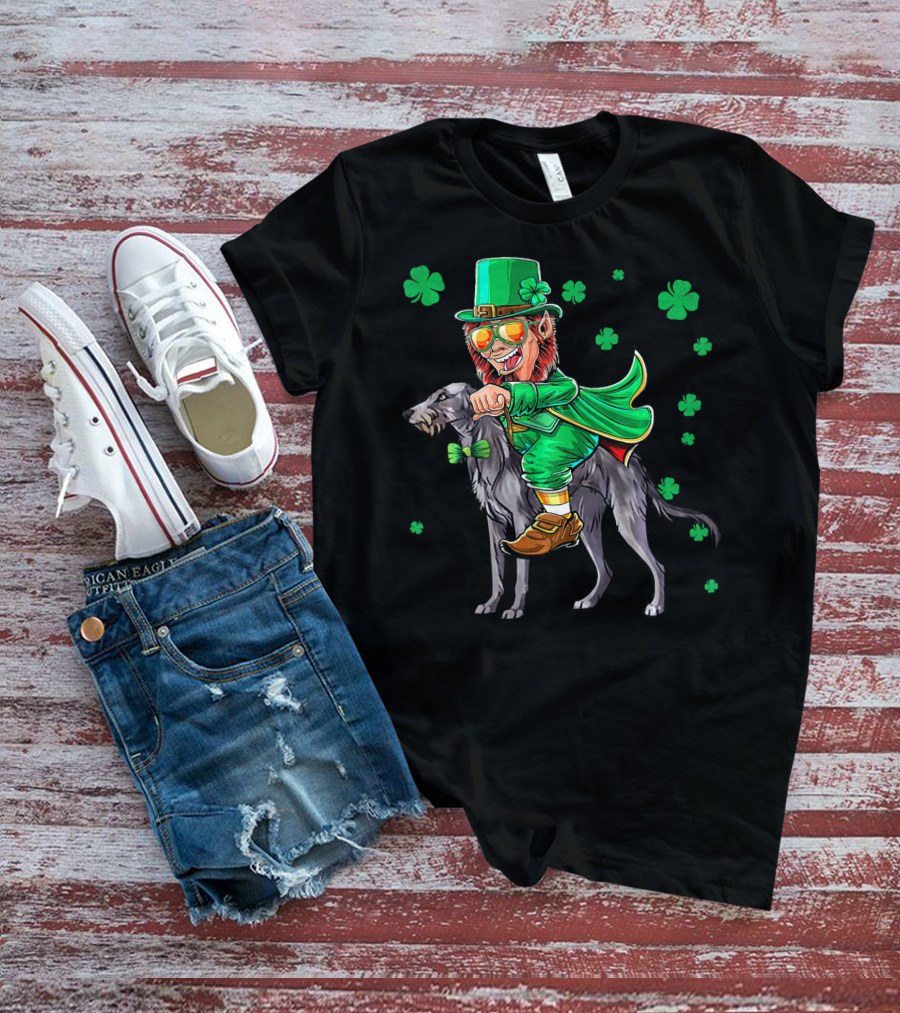 Leprechaun Riding Scottish Deerhound With Shamrocks T-Shirt