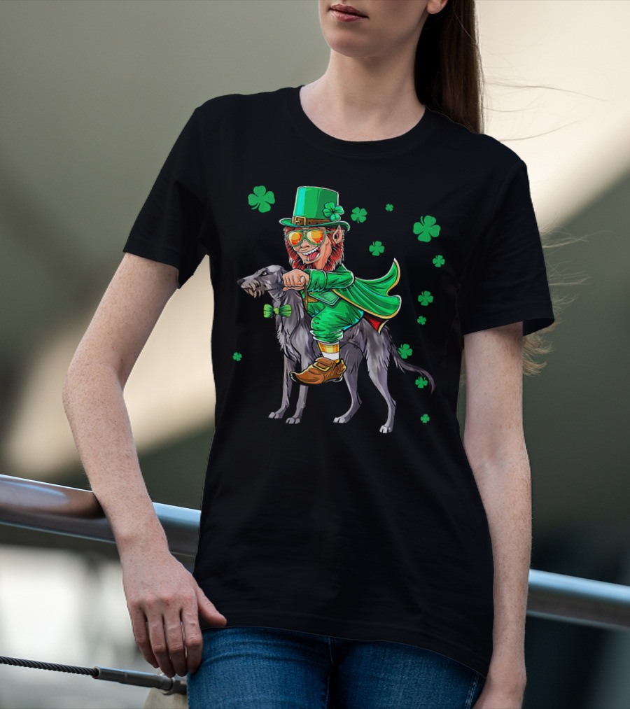 Leprechaun Riding Scottish Deerhound With Shamrocks T-Shirt