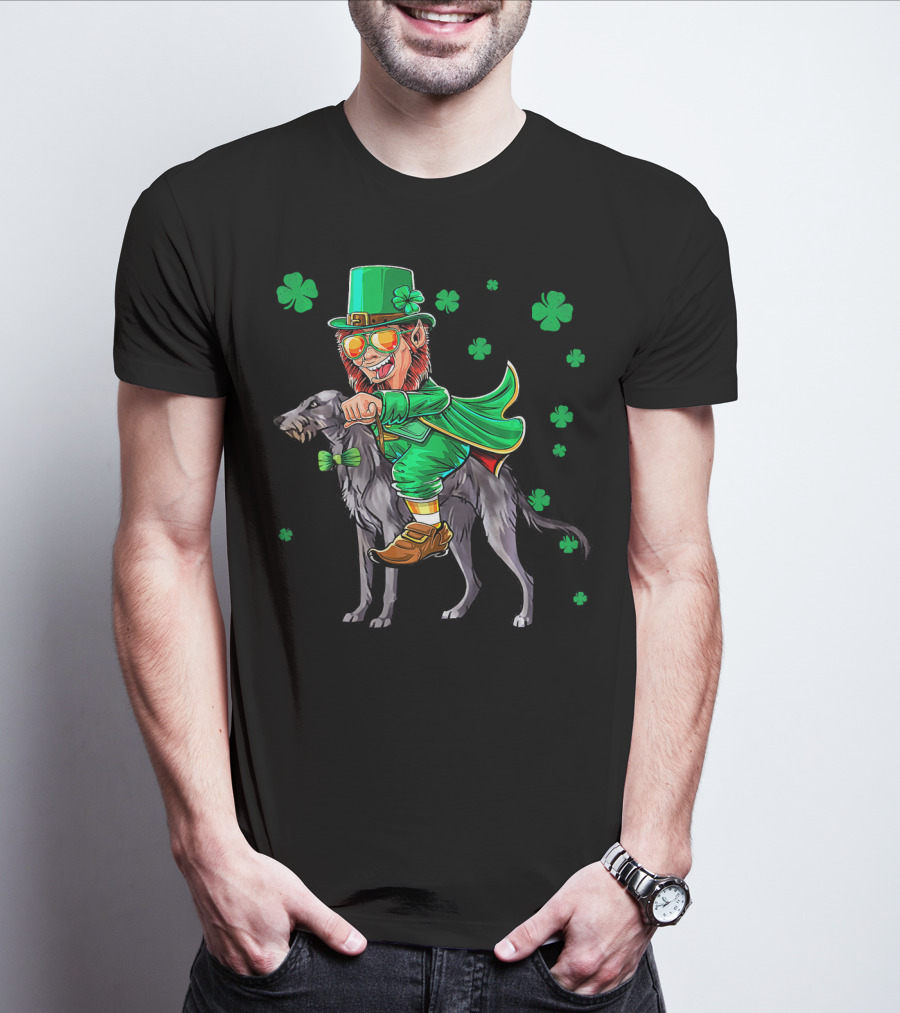Leprechaun Riding Scottish Deerhound With Shamrocks T-Shirt