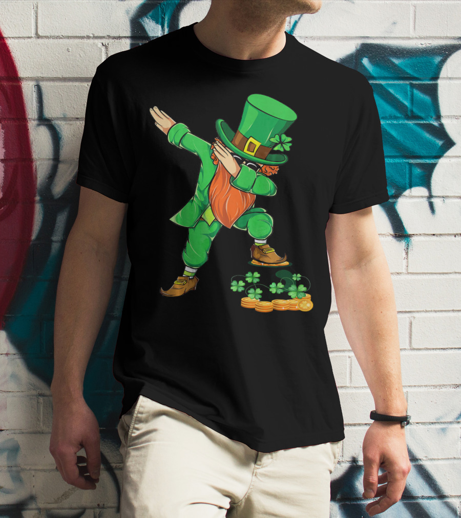 Leprechaun Dabbing With Shamrocks And Gold Coins T-Shirt