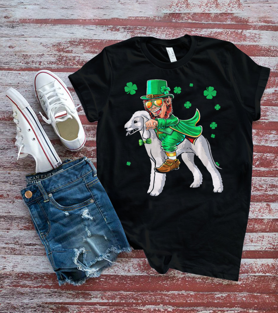 Leprechaun Riding Bedlington Terrier With Shamrock Elements T-Shirt
