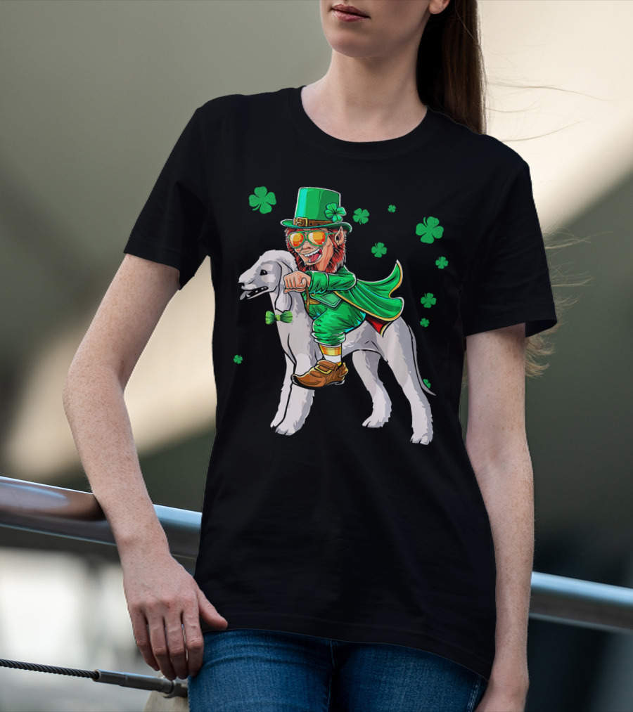 Leprechaun Riding Bedlington Terrier With Shamrock Elements T-Shirt