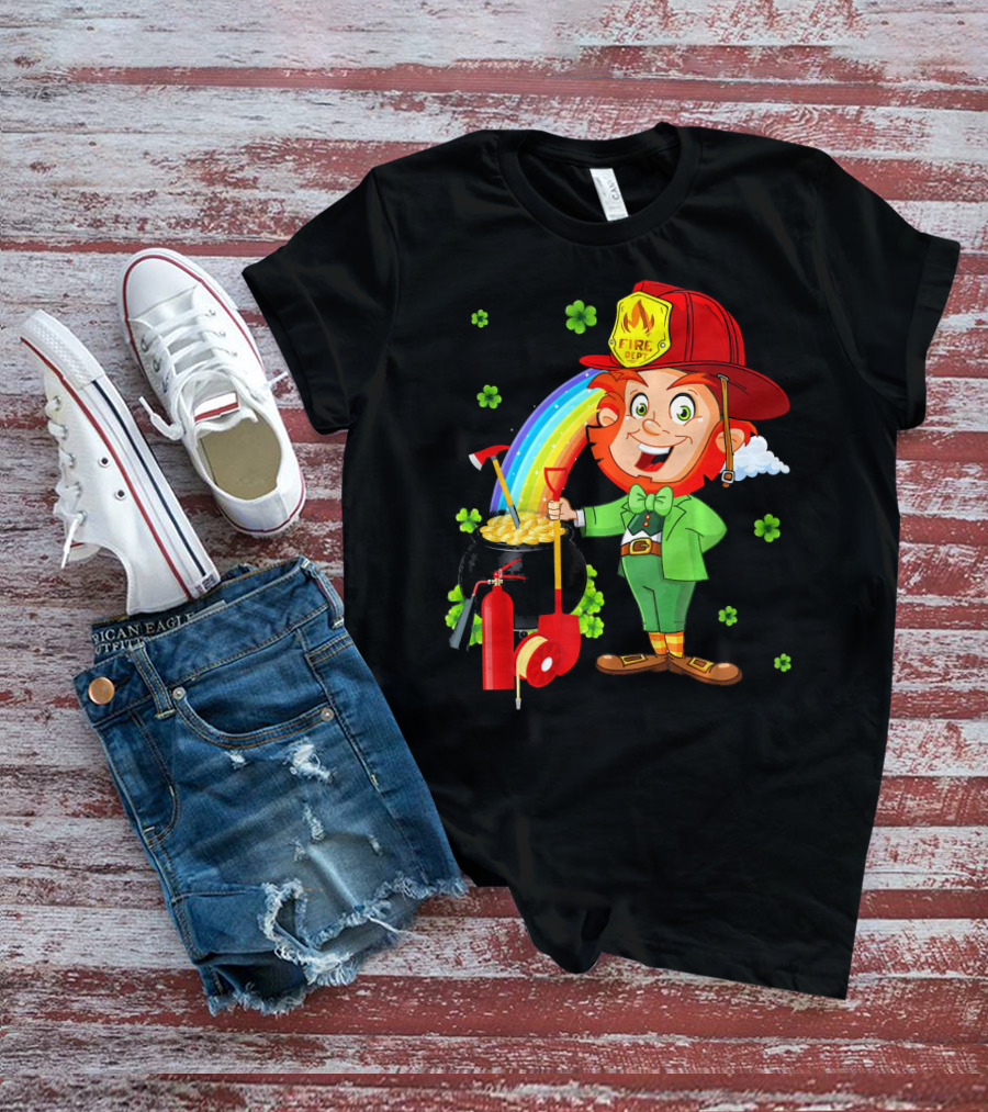 Fire Dept Leprechaun With Pot Of Gold And Rainbow T-Shirt