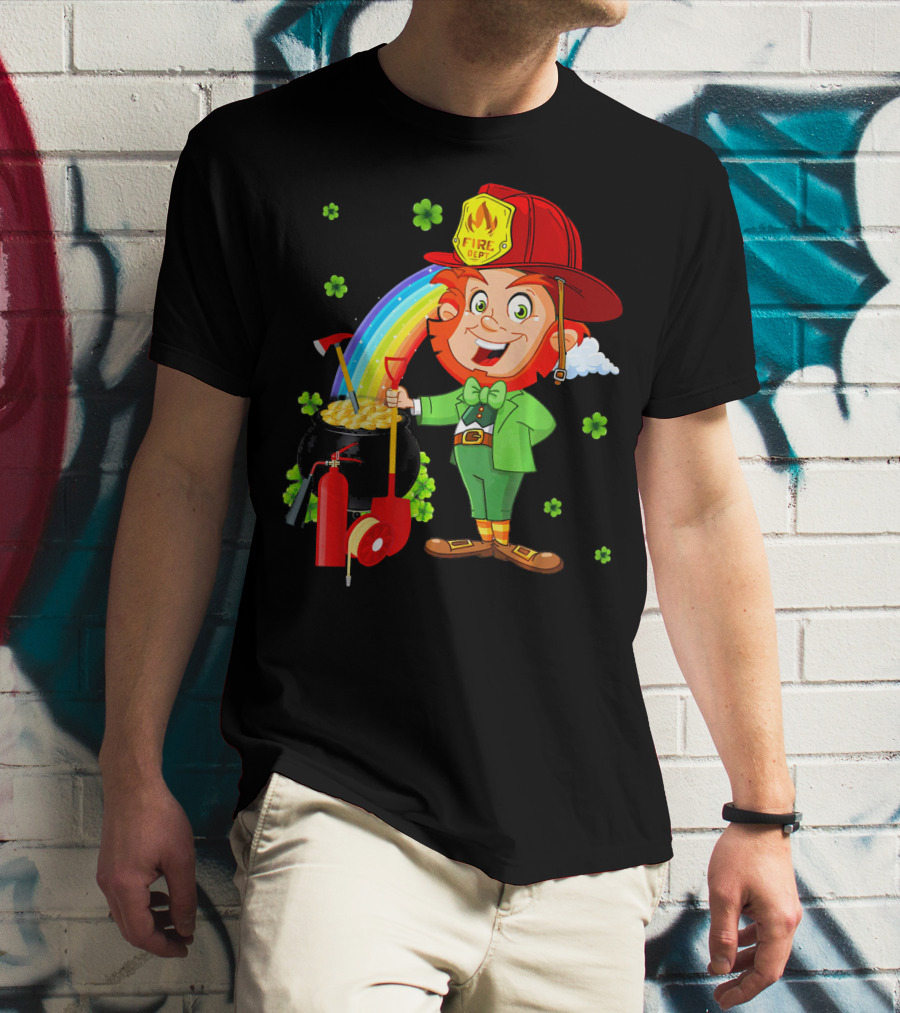 Fire Dept Leprechaun With Pot Of Gold And Rainbow T-Shirt