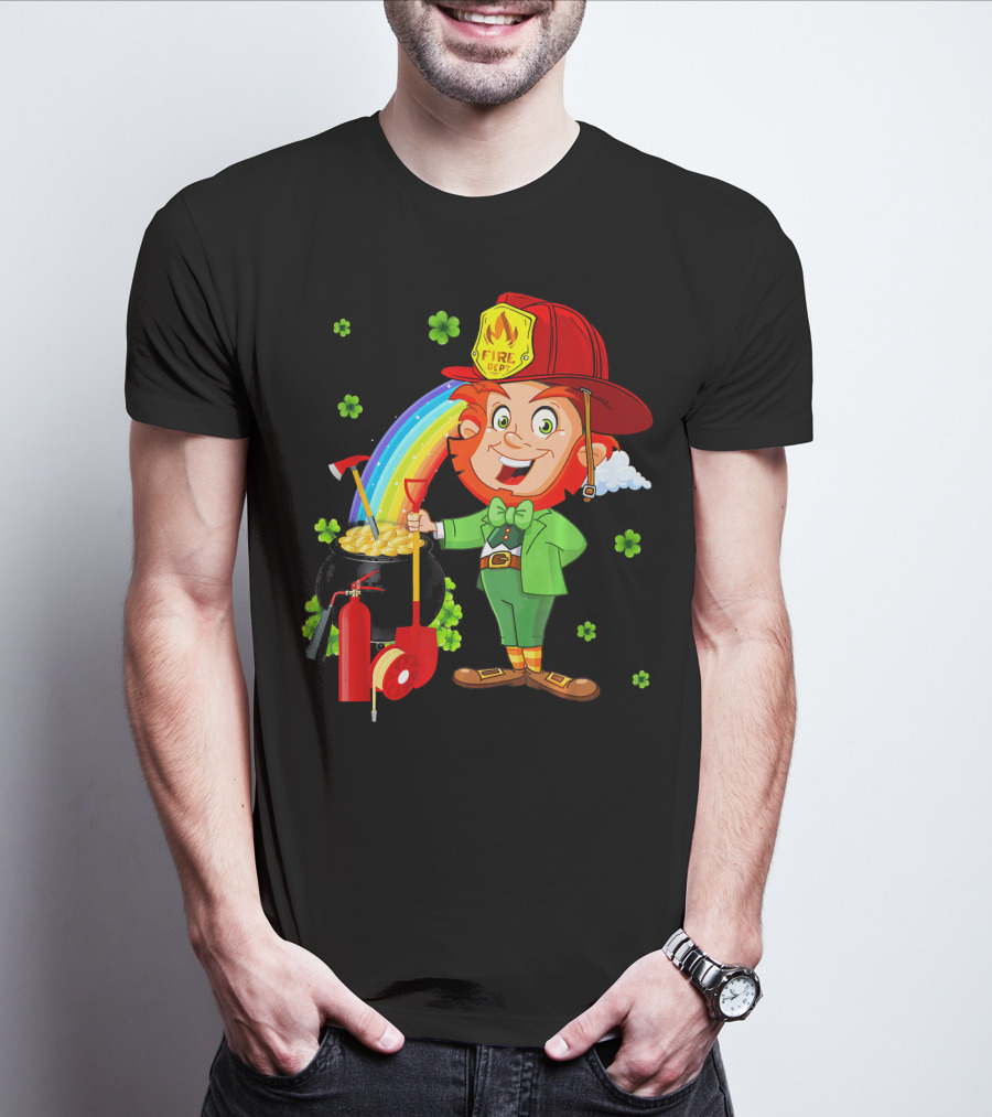 Fire Dept Leprechaun With Pot Of Gold And Rainbow T-Shirt