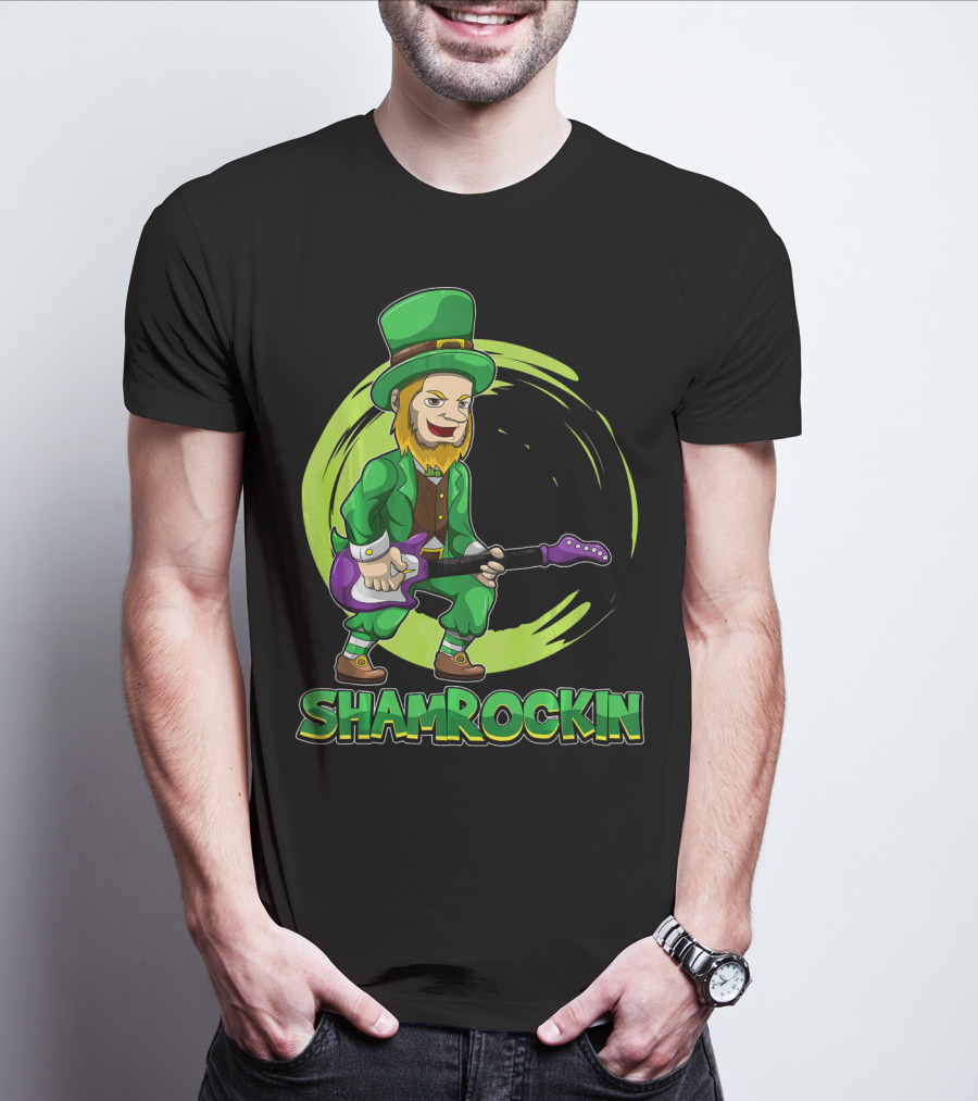 Shamrockin Leprechaun With E Guitar Rocking Celtic Style Green Circle Background T-Shirt