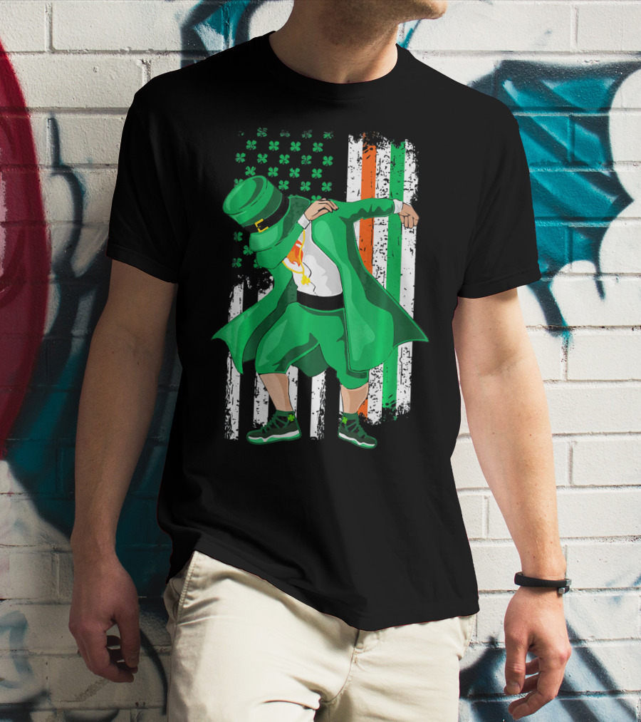 Dabbing Leprechaun With Shamrock And Irish American Flag Background T-Shirt