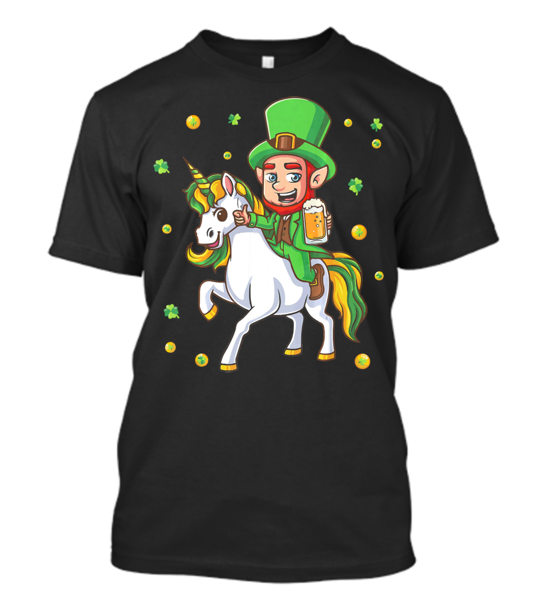 Leprechaun Drinking Beer With Unicorn Surrounded By Clovers And Coins T-Shirt