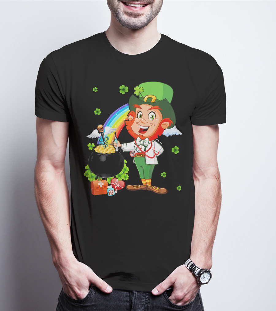 Lucky Medical Scrub Nurse Doctor Leprechaun With Pot Of Gold And Rainbow T-Shirt
