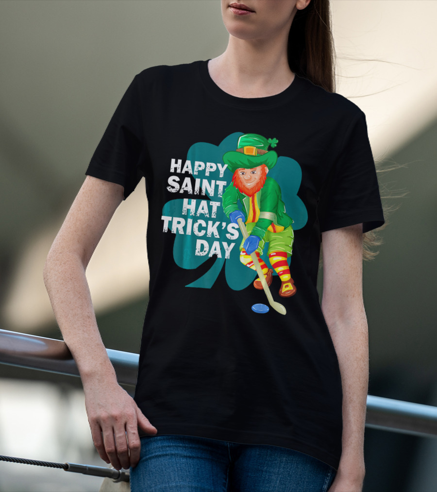 Happy Saint Hat Trick's Day Leprechaun Hockey Player Shamrock Ice T-Shirt