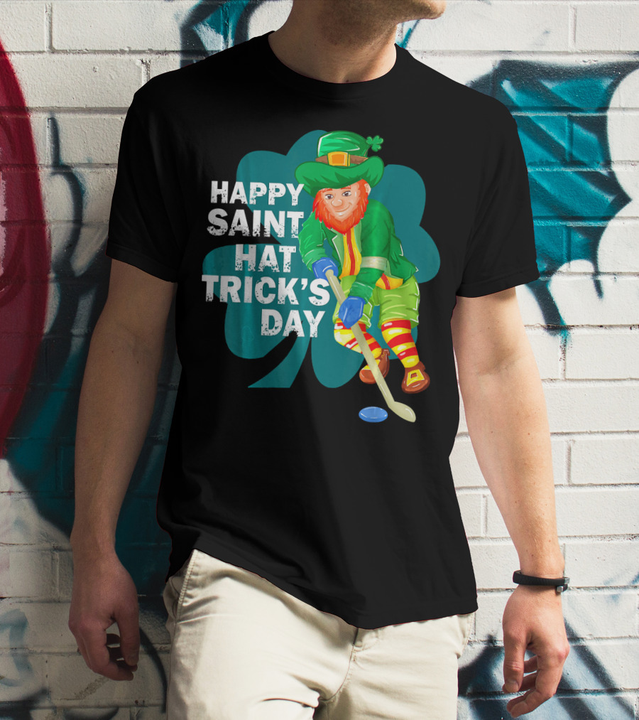 Happy Saint Hat Trick's Day Leprechaun Hockey Player Shamrock Ice T-Shirt