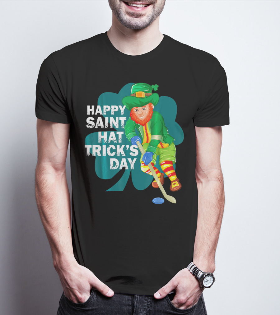 Happy Saint Hat Trick's Day Leprechaun Hockey Player Shamrock Ice T-Shirt