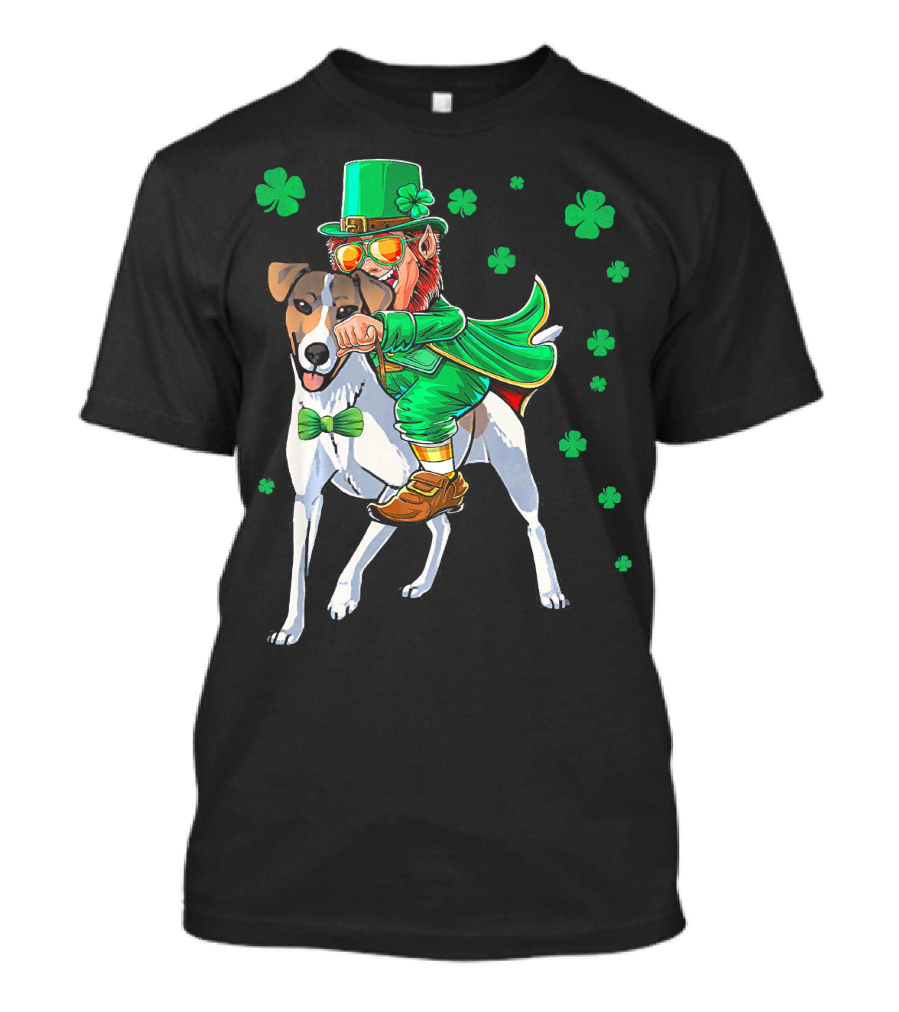 Leprechaun Riding Smooth Fox Terrier With Shamrocks T-Shirt
