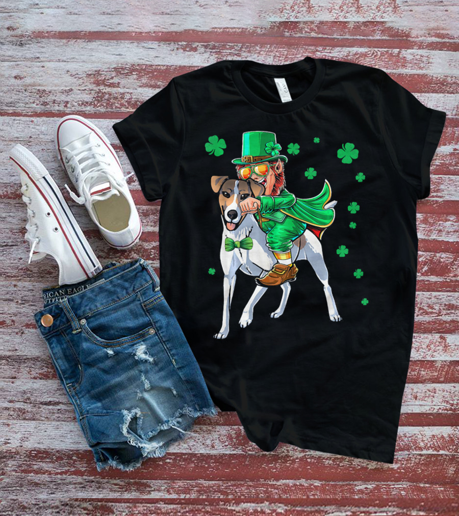 Leprechaun Riding Smooth Fox Terrier With Shamrocks T-Shirt