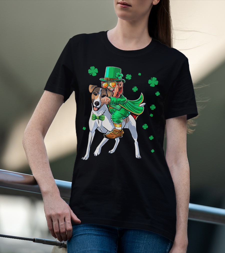 Leprechaun Riding Smooth Fox Terrier With Shamrocks T-Shirt