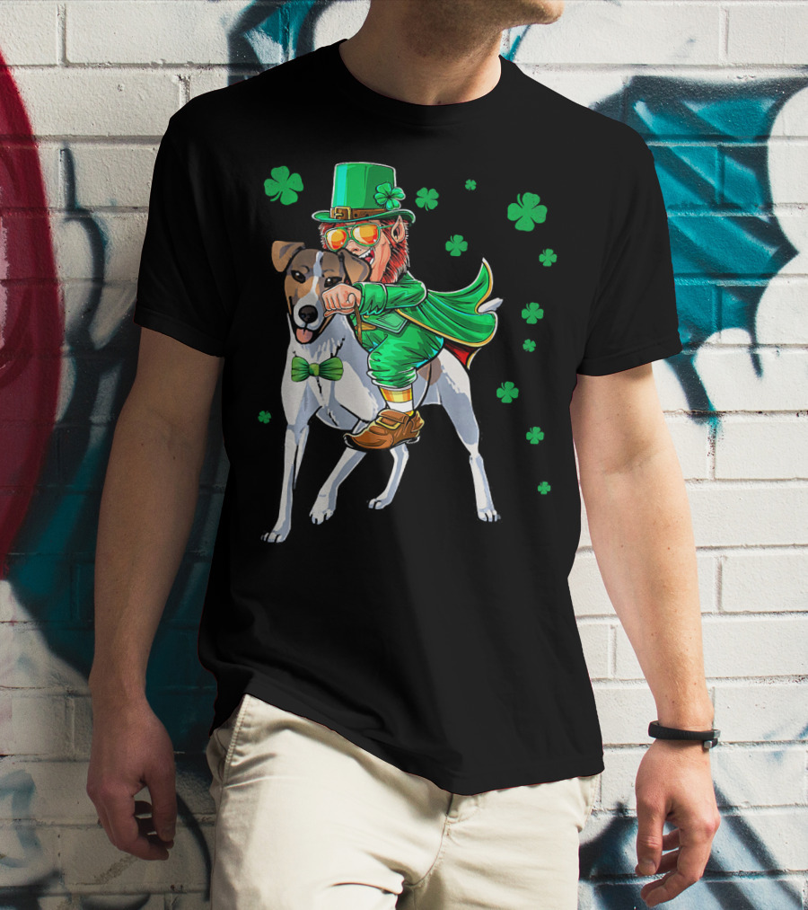 Leprechaun Riding Smooth Fox Terrier With Shamrocks T-Shirt