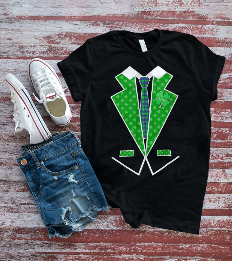 St. Patrick Day Shamrock Vest Tuxedo With Green Tie T-Shirt