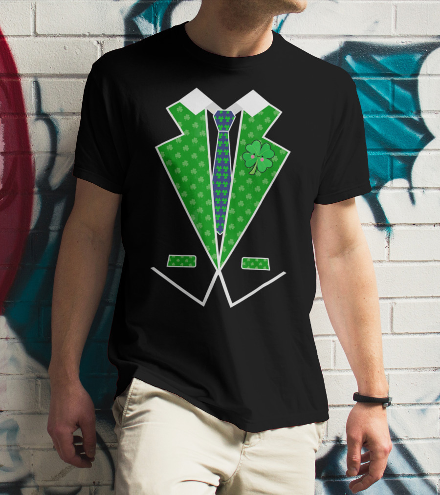 St. Patrick Day Shamrock Vest Tuxedo With Green Tie T-Shirt