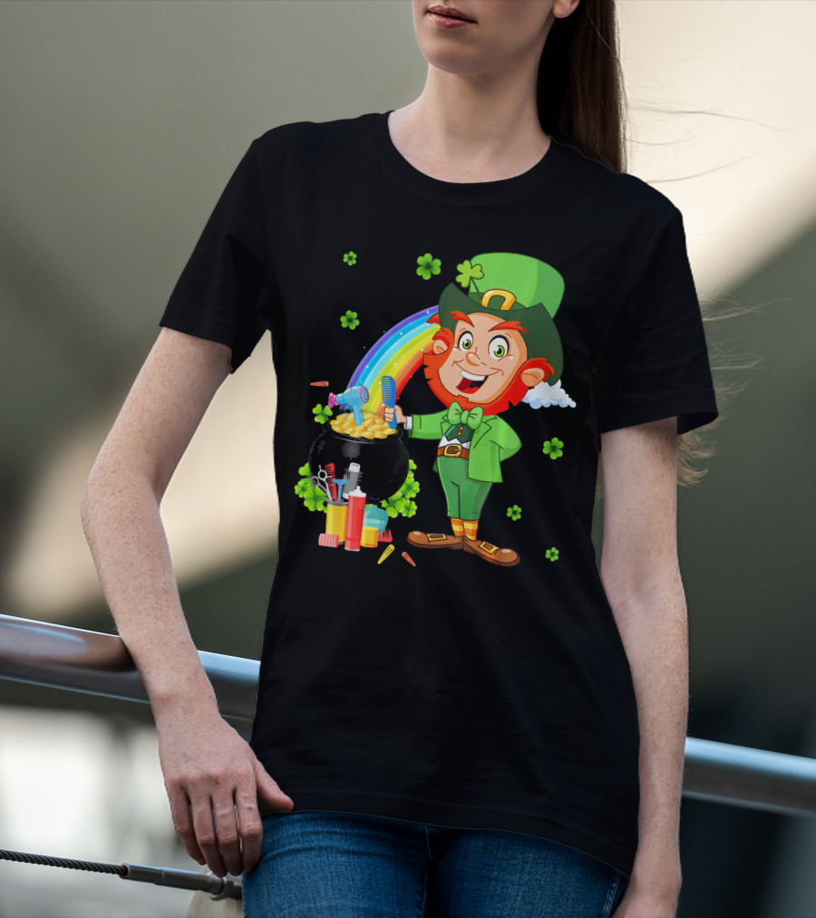Medical Scrub Hairstylist Leprechaun Pat With Rainbow And Pot Of Gold Barber Tools T-Shirt