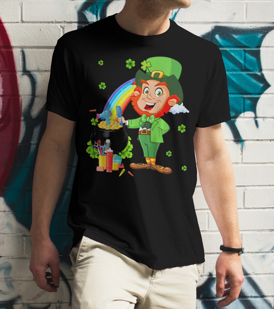 Medical Scrub Hairstylist Leprechaun Pat With Rainbow And Pot Of Gold Barber Tools T-Shirt