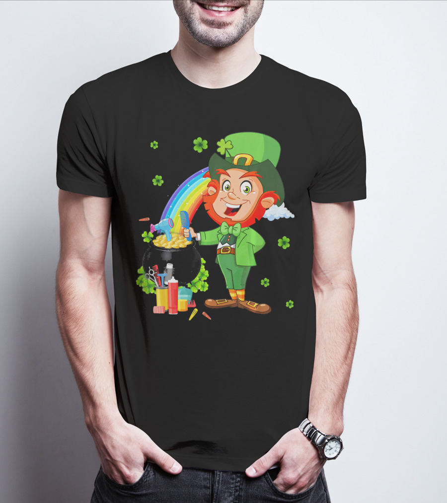 Medical Scrub Hairstylist Leprechaun Pat With Rainbow And Pot Of Gold Barber Tools T-Shirt