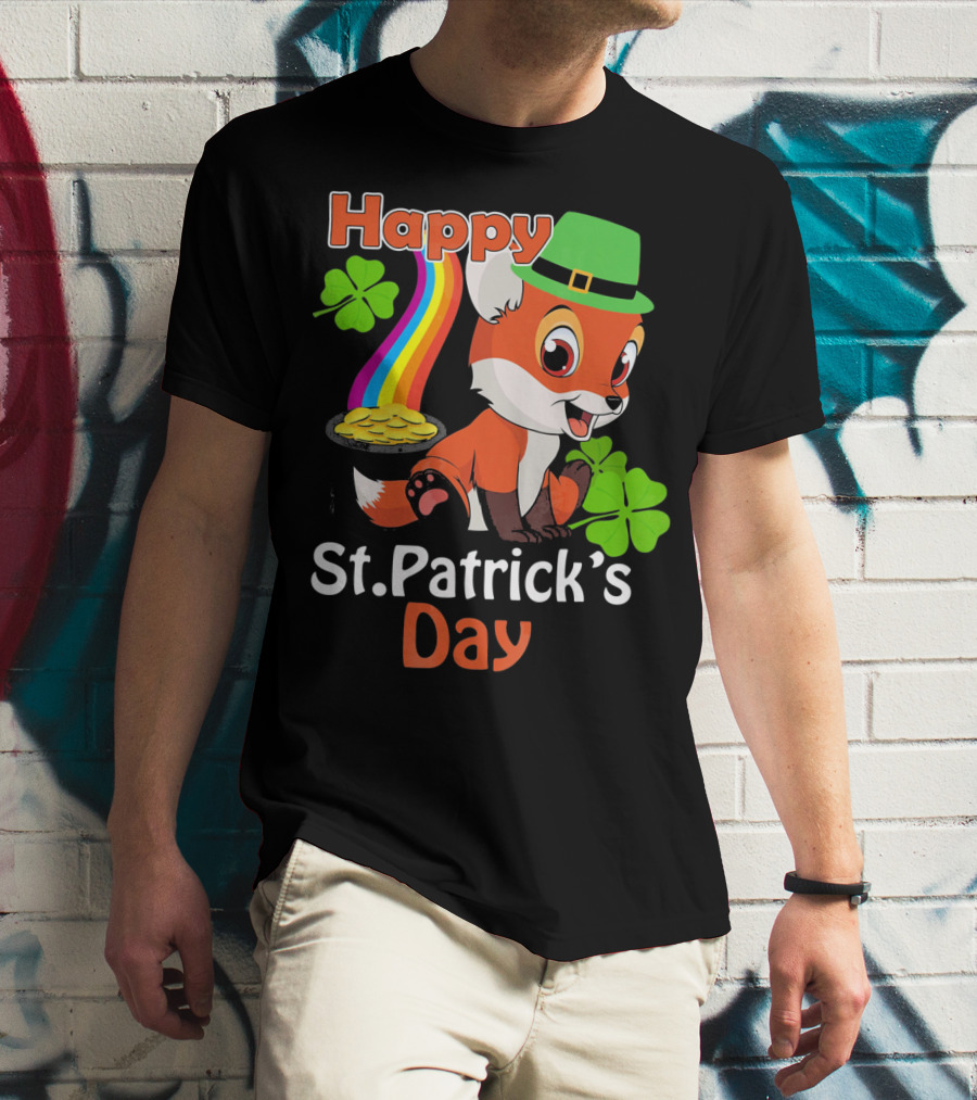 Happy St Patrick's Day Funny Fox Rainbow Clover Gold T-Shirt