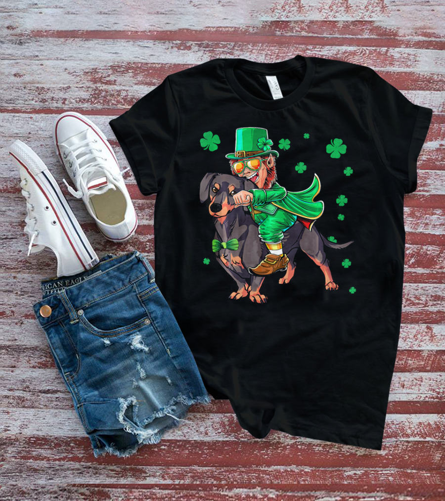 Leprechaun Riding Miniature Dachshund With Shamrocks T-Shirt