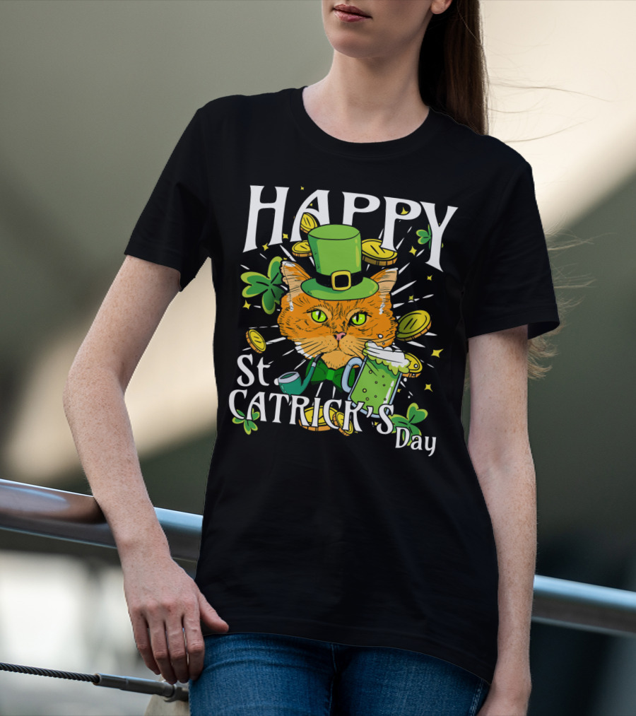 Happy St. Catricks Day Funny St. Patrick Cat Clover Coins T-Shirt
