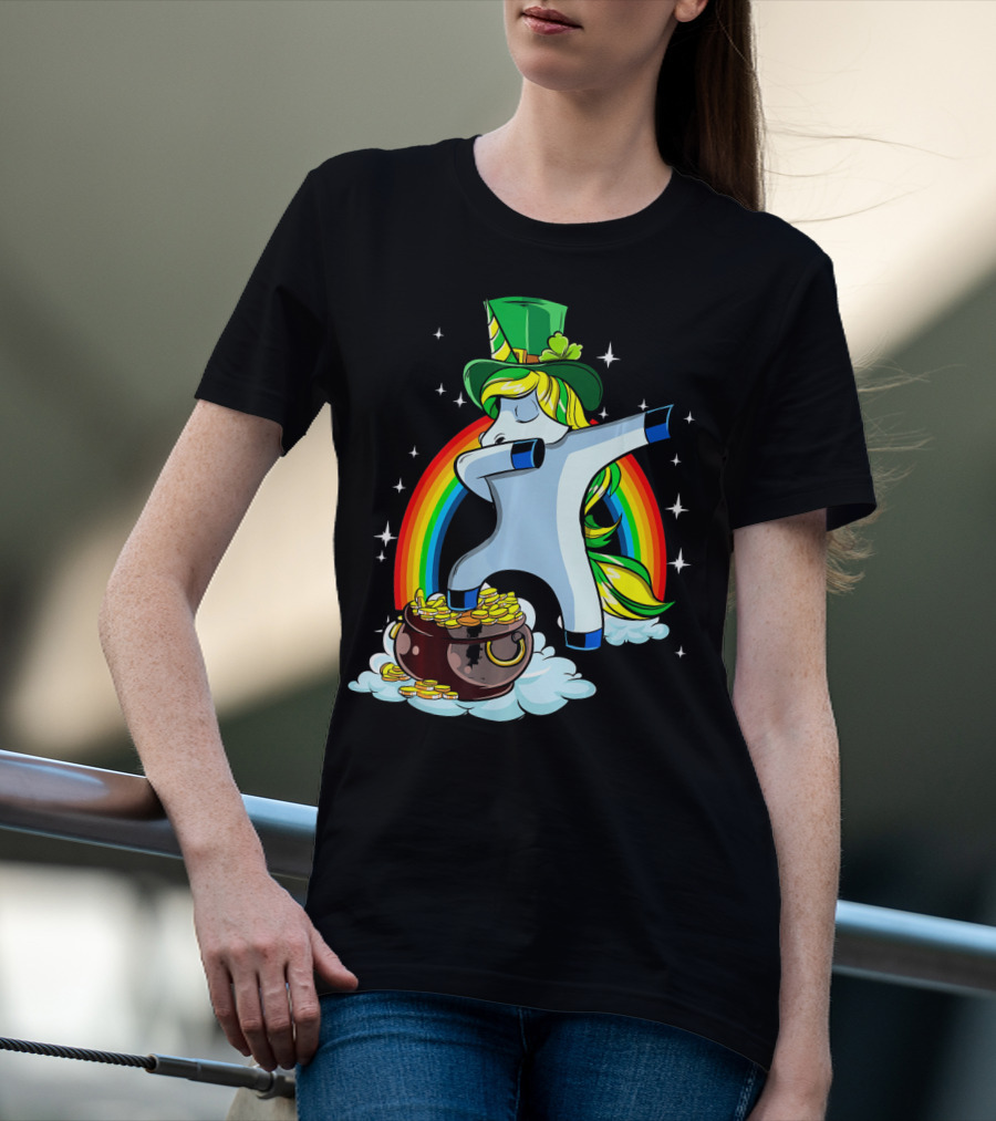 St Patricks Day Dabbing Unicorn Rainbow Pot Of Gold T-Shirt