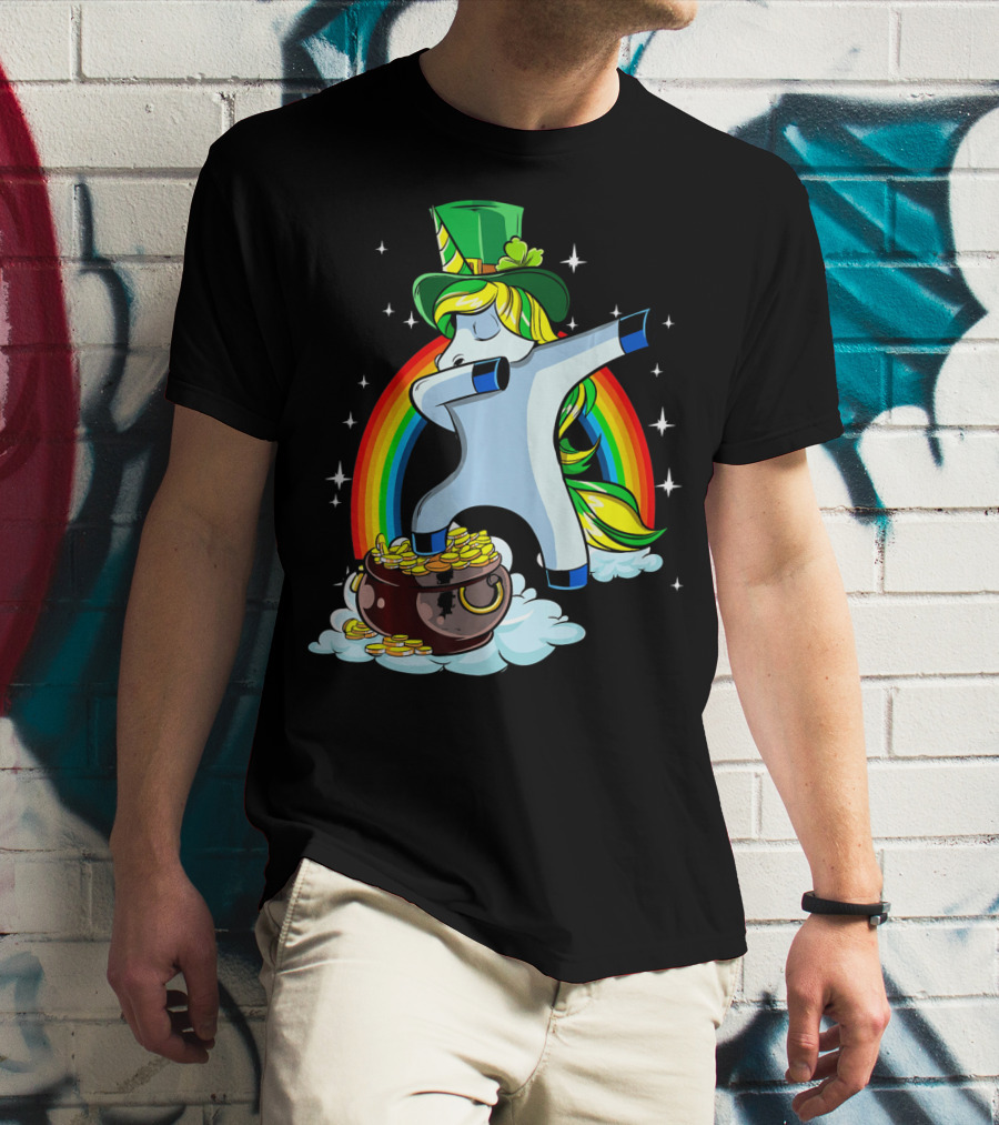 St Patricks Day Dabbing Unicorn Rainbow Pot Of Gold T-Shirt