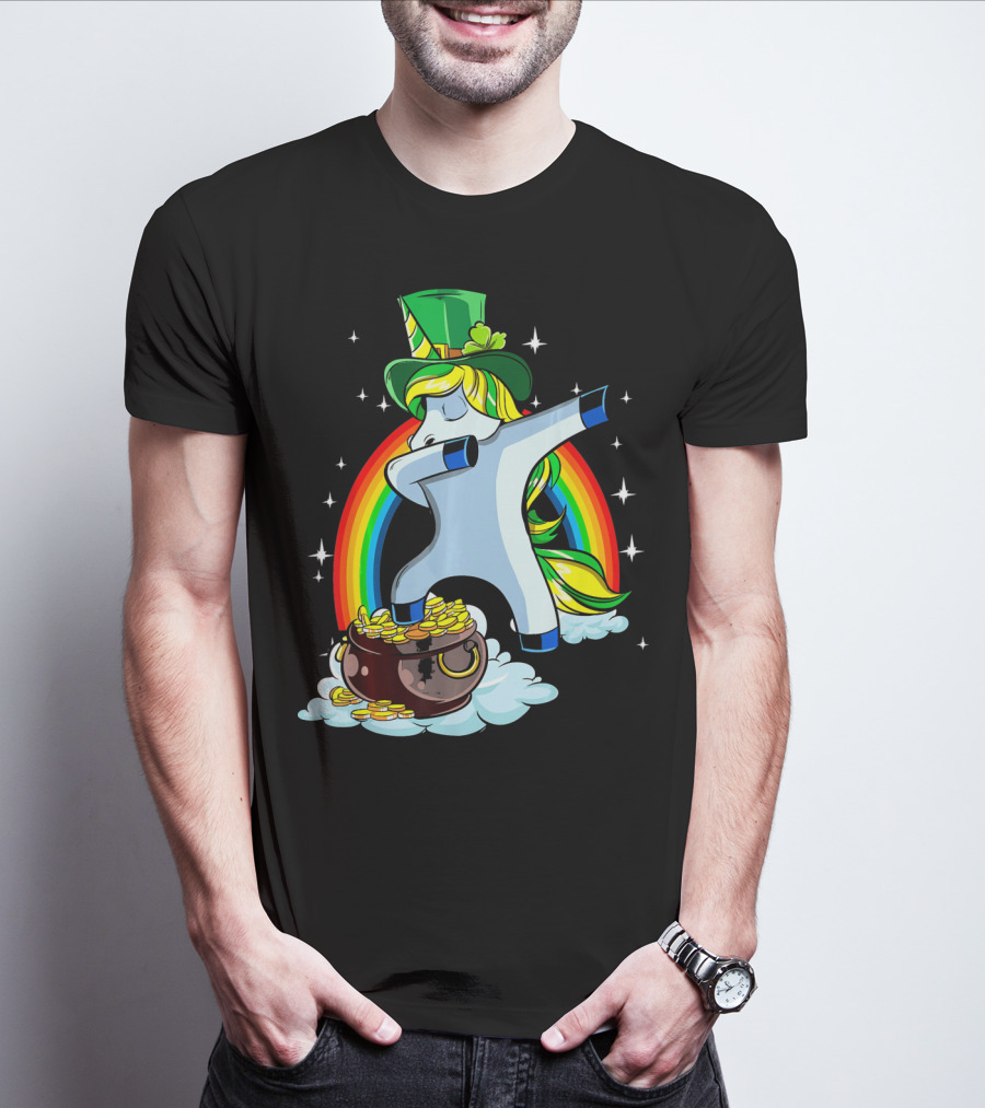 St Patricks Day Dabbing Unicorn Rainbow Pot Of Gold T-Shirt