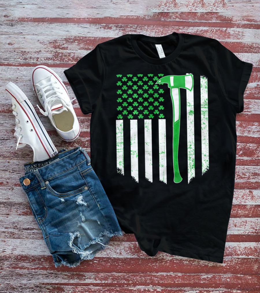 Irish Shamrock Flag Firefighter Axe T-Shirt