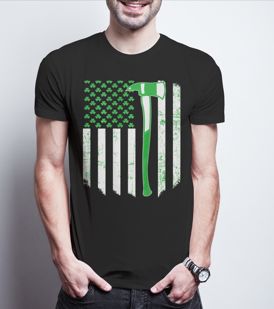 Irish Shamrock Flag Firefighter Axe T-Shirt