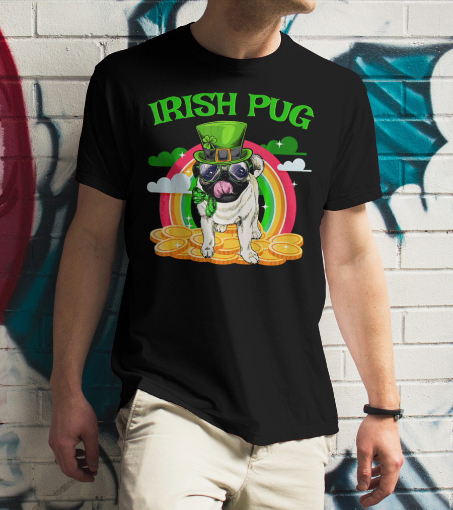 Irish Pug Funny St Patricks Day Leprechaun Rainbow Coins T-Shirt