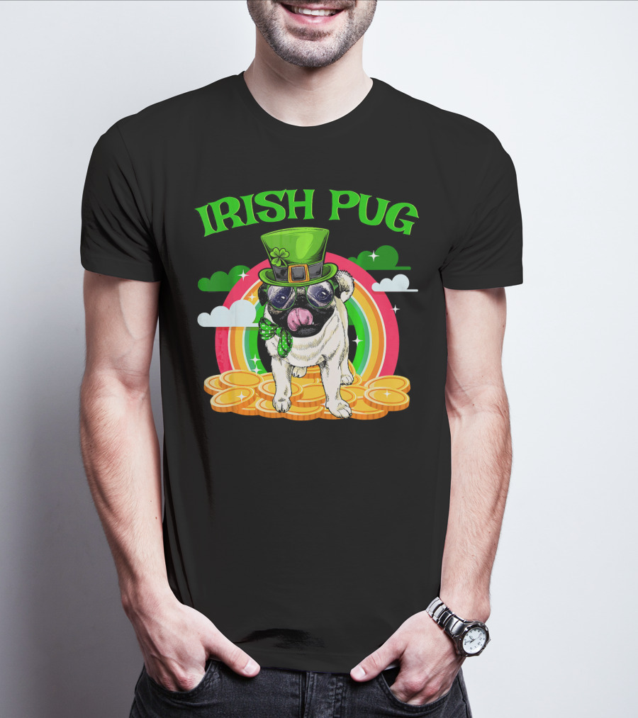 Irish Pug Funny St Patricks Day Leprechaun Rainbow Coins T-Shirt