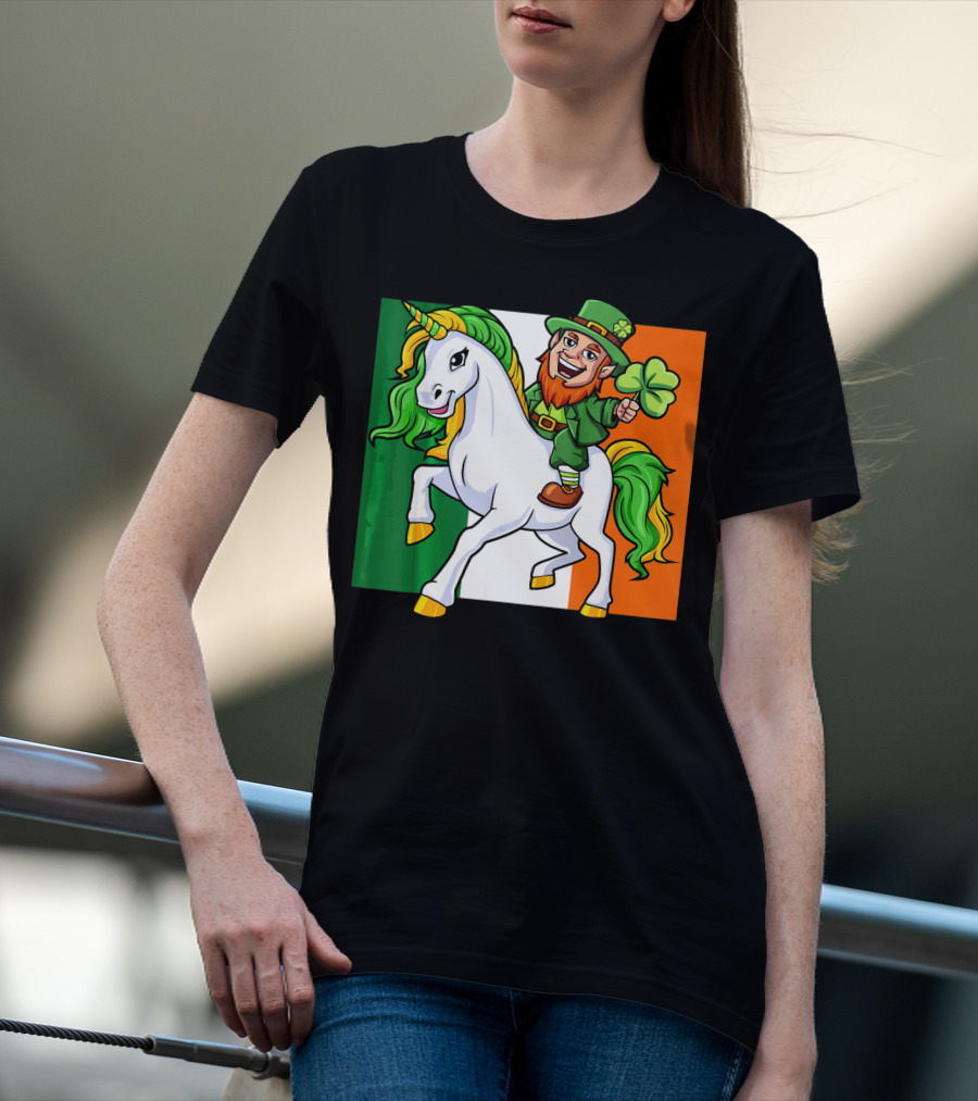 Leprechaun Riding Unicorn Irish Flag St Patricks Day T-Shirt