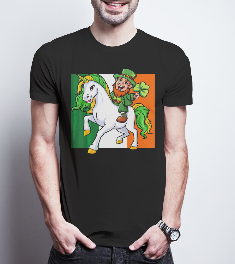 Leprechaun Riding Unicorn Irish Flag St Patricks Day T-Shirt