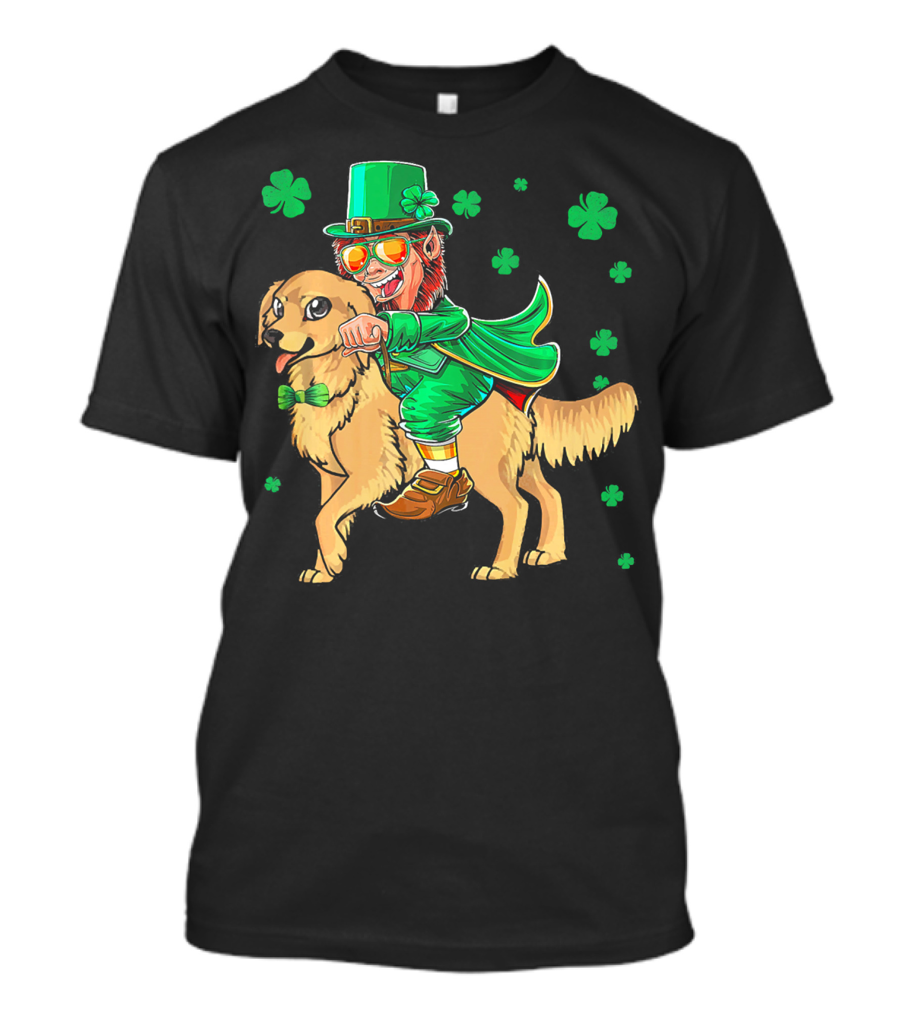 Leprechaun Riding Golden Retriever With Shamrocks T-Shirt