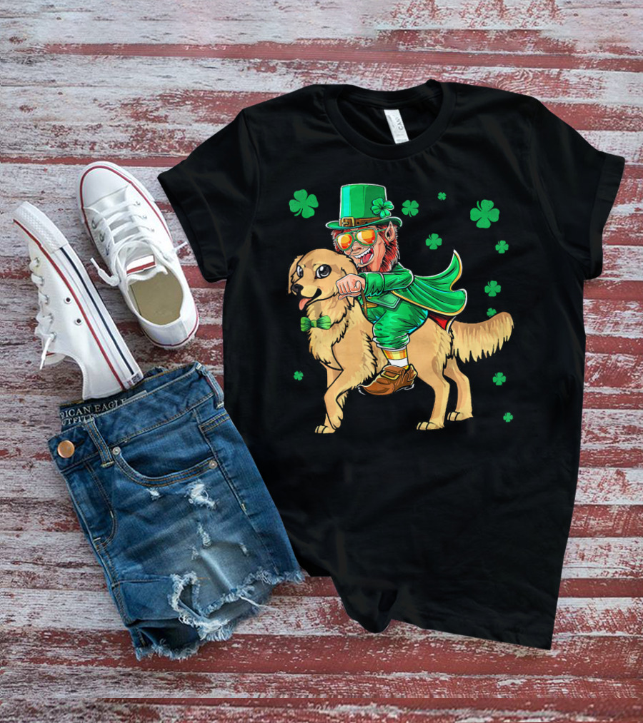 Leprechaun Riding Golden Retriever With Shamrocks T-Shirt