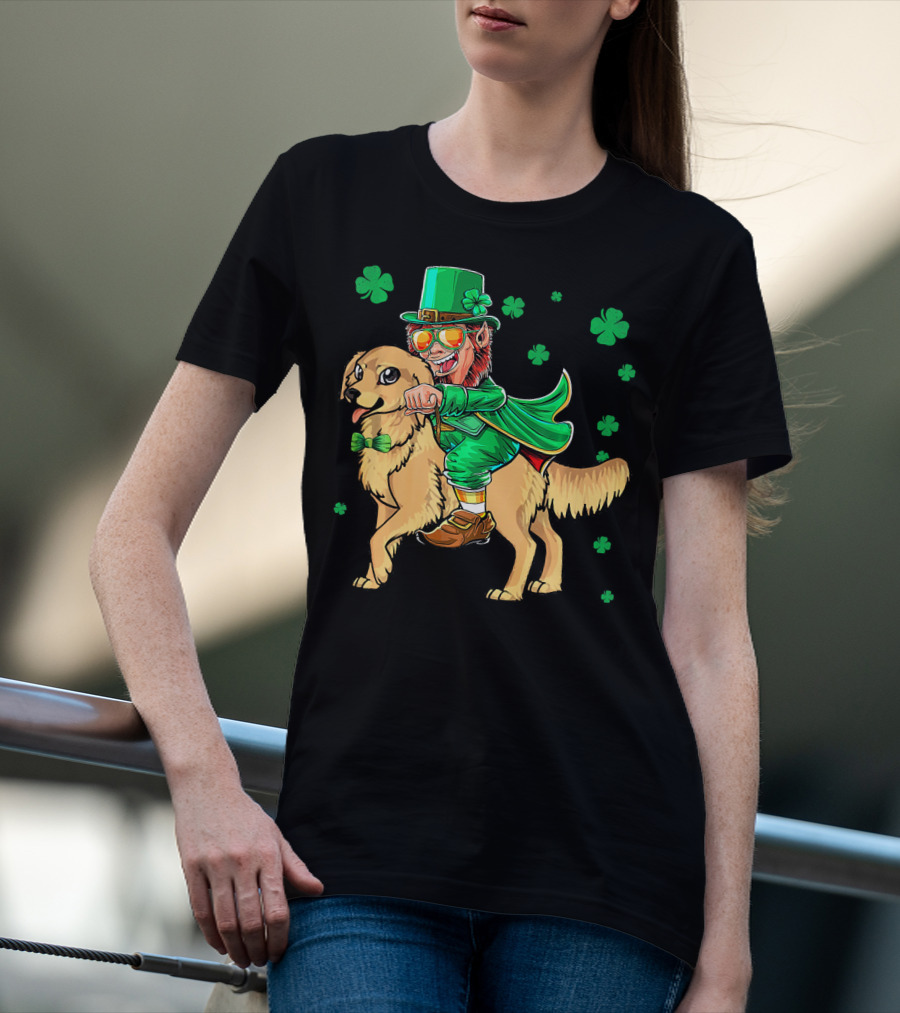 Leprechaun Riding Golden Retriever With Shamrocks T-Shirt