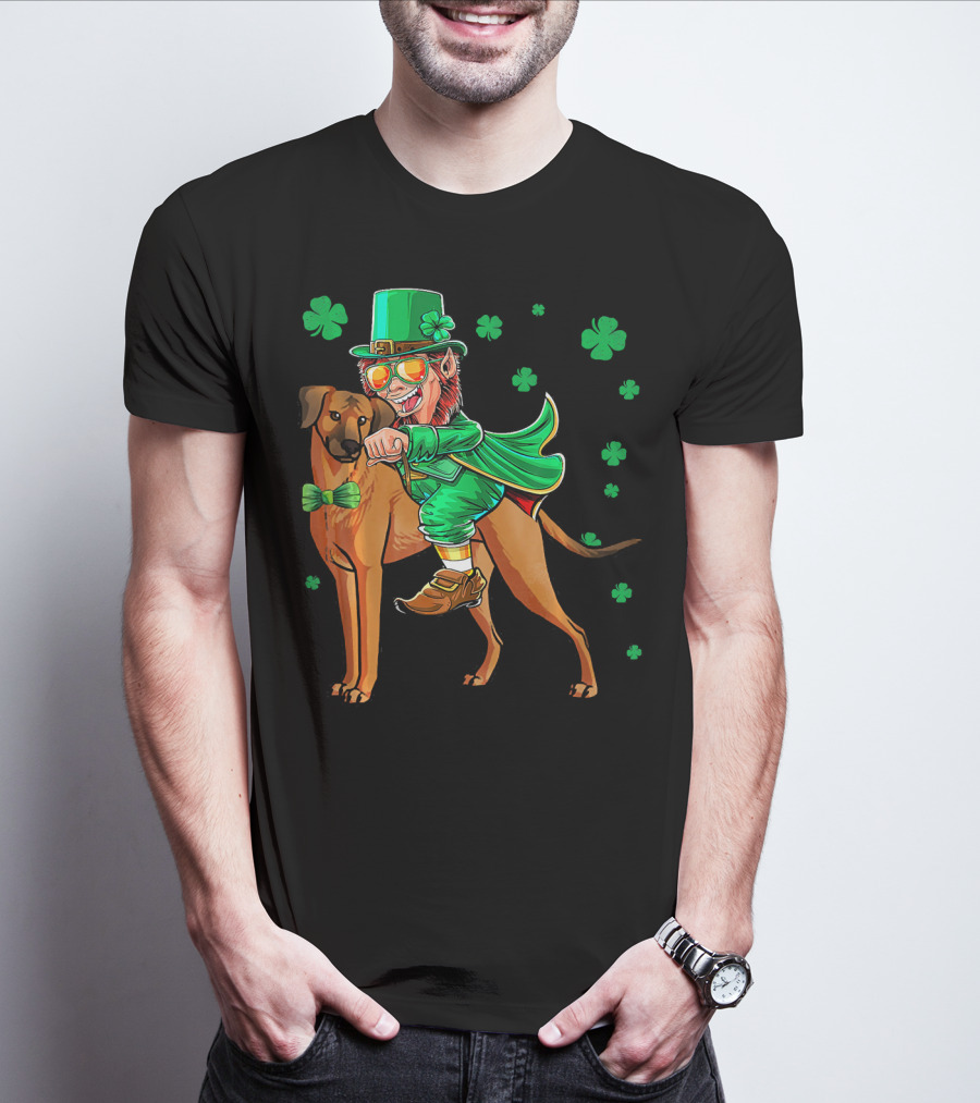 Leprechaun On Rhodesian Ridgeback With Shamrocks T-Shirt