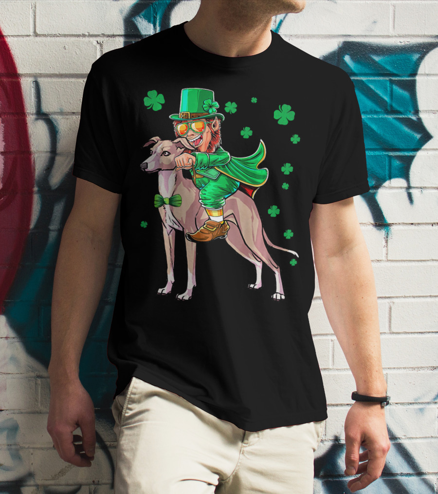 Leprechaun Riding Italian Greyhound With Shamrocks T-Shirt