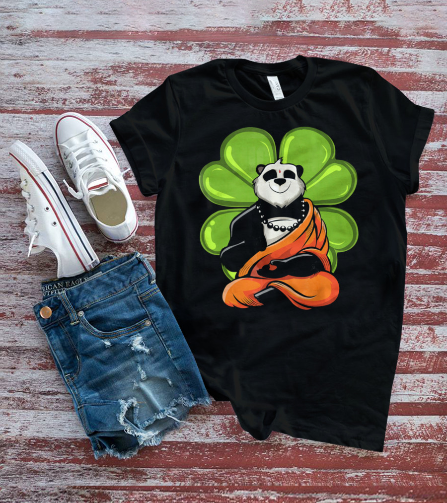 Panda Bear Buddha Zen Meditation With Lucky Four-Leaf Clover T-Shirt