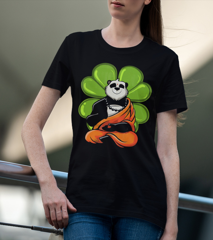 Panda Bear Buddha Zen Meditation With Lucky Four-Leaf Clover T-Shirt