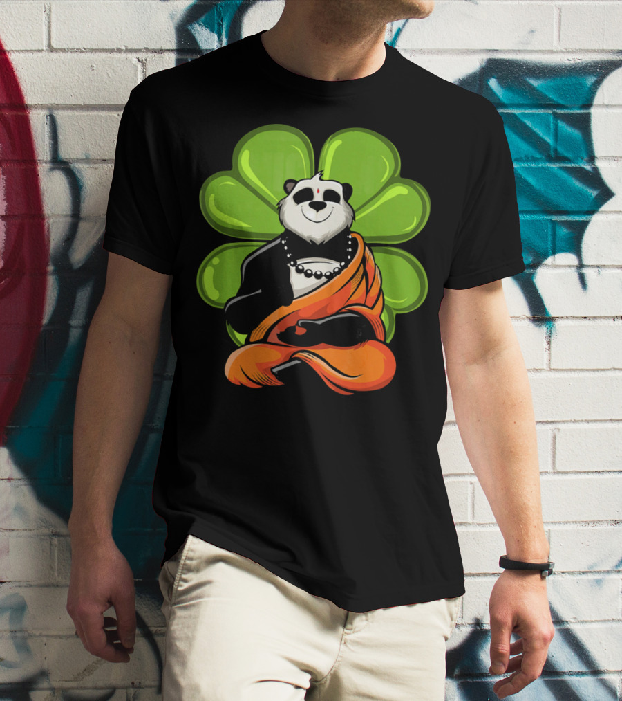 Panda Bear Buddha Zen Meditation With Lucky Four-Leaf Clover T-Shirt