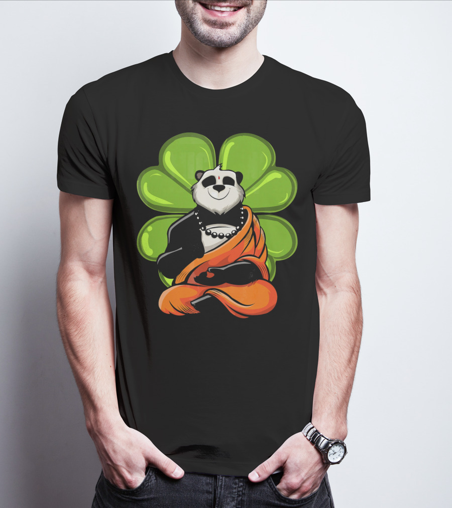 Panda Bear Buddha Zen Meditation With Lucky Four-Leaf Clover T-Shirt